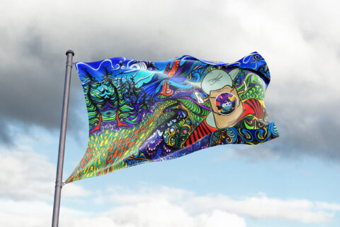 Psychedelic fantasy rave flag flying on pole showing swirling forest and creature design
