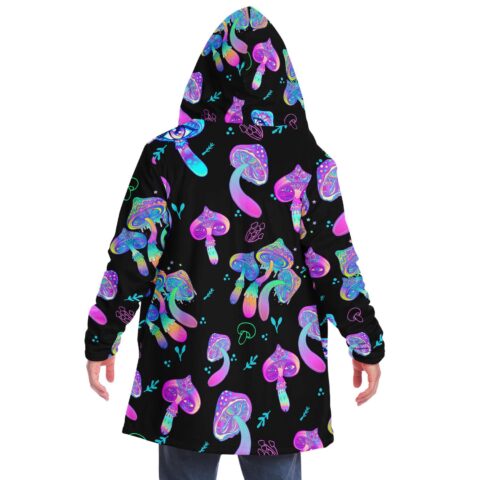 Back view of man wearing neon mushroom print festival cloak with hood