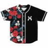 Half black half red rose print rave baseball jersey with white X logo front view