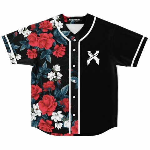 Half black half red rose print rave baseball jersey with white X logo front view