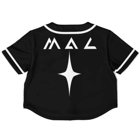 Back view of black crop top jersey featuring stylized text and star
