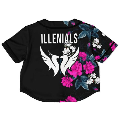 Back view of black crop top featuring pink floral details and text