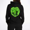 Black rave hoodie back view with green swirling portal print and running silhouettes