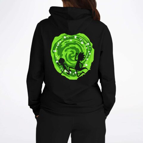 Black rave hoodie back view with green swirling portal print and running silhouettes