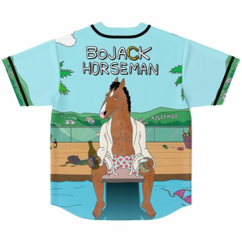 Back view of anime-inspired horse character sitting poolside in robe with BoJack Horseman text print