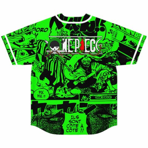 Neon green jersey back view showing manga panel print and Poc Poc speech bubble graphic