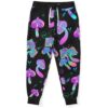 Black joggers with psychedelic mushroom print in neon pink and teal front view