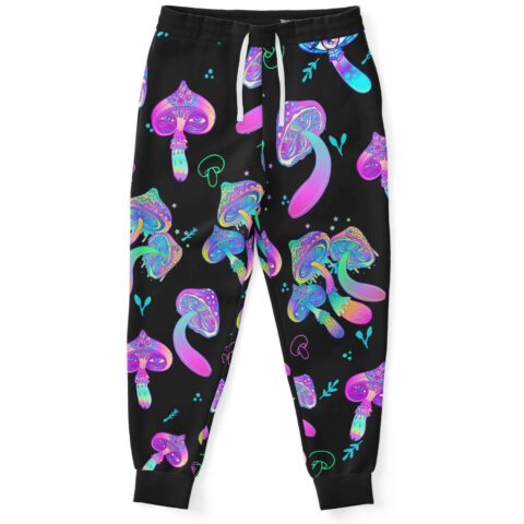 Black joggers with psychedelic mushroom print in neon pink and teal front view