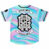 Pastel iridescent swirl jersey back view reading Show Love Spread Love with bone emblem