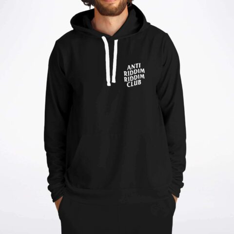 Black rave hoodie front view showing small Anti Riddim Riddim Club chest logo