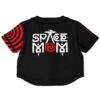 Back view of black red spiral rave crop top with SPACE MOM text and UFO design