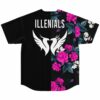 black jersey back with ILLENIALS text and wing logo beside pink floral half print