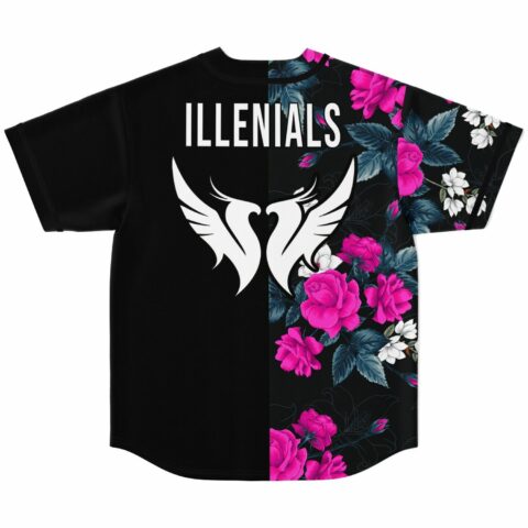 black jersey back with ILLENIALS text and wing logo beside pink floral half print