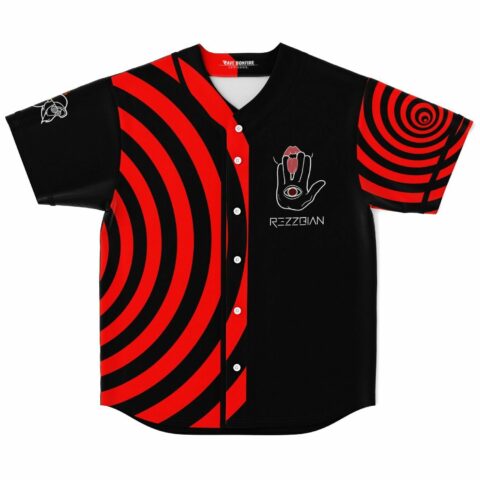 Black rave baseball jersey with red hypnotic spiral panel and eye-in-hand graphic front view