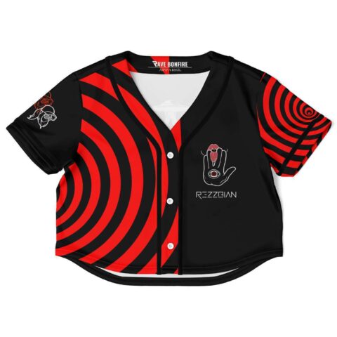 Black crop top with bold red spiral pattern and hand graphic