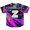 Back view of jersey showing oil-slick swirl design with Killa Killa text and cartoon hand