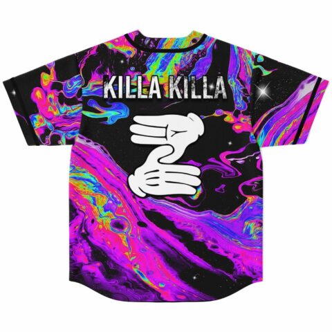 Back view of jersey showing oil-slick swirl design with Killa Killa text and cartoon hand