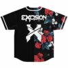 Black split jersey back view with Excision text and white X logo above floral half