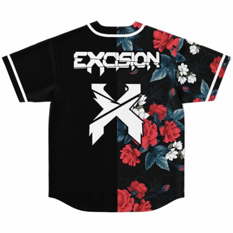 Black split jersey back view with Excision text and white X logo above floral half