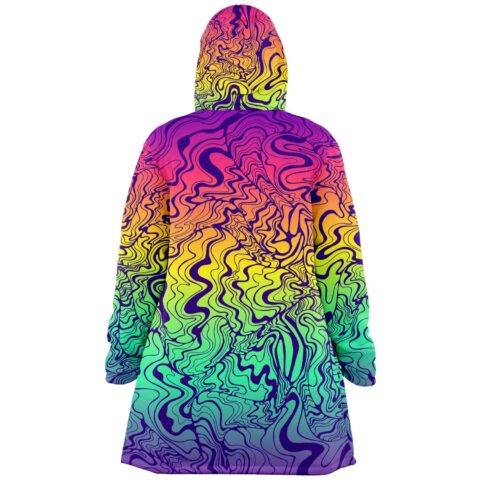 Liquid marble swirl print covers this rainbow rave cloak back view flat