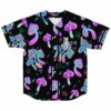 front view of black baseball jersey with neon mushroom print and MitiS logo on chest
