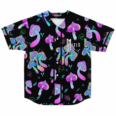front view of black baseball jersey with neon mushroom print and MitiS logo on chest