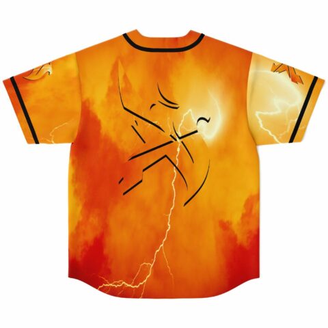 Lightning bolt and flame silhouette design on back of orange dragon rave jersey