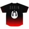 Black to red ombre baseball jersey with DABIN text and white emblem, back view