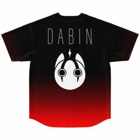 Black to red ombre baseball jersey with DABIN text and white emblem, back view