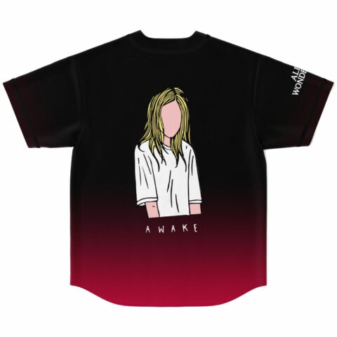 faceless figure graphic reading AWAKE on black crimson ombre jersey back view