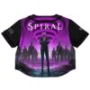 Black anime rave crop top, back view, purple spiral with figures