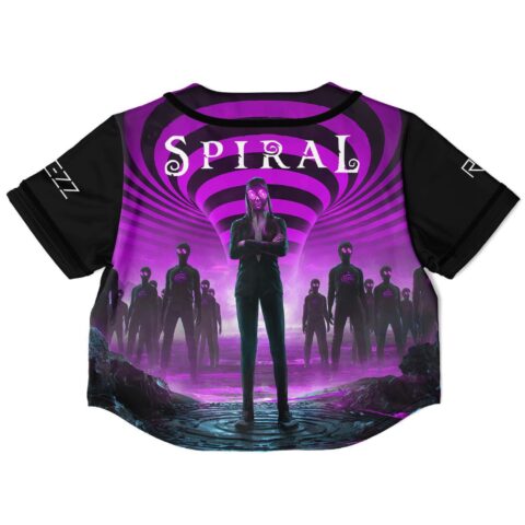 Crop top back view featuring purple spiral and figures