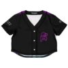 Black anime rave crop top, front view, purple accents and anime-inspired artwork