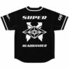 Super Headbanger text below bass-inspired geometric eye emblem on black jersey back