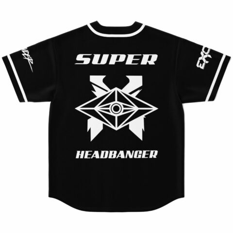 Super Headbanger text below bass-inspired geometric eye emblem on black jersey back