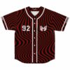 Red and black wavy warped print rave baseball jersey with 92 geometric logo, front