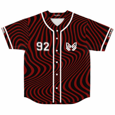 Red and black wavy warped print rave baseball jersey with 92 geometric logo, front