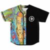 Split-design rave baseball jersey with comic-style face and crab print on left half, black