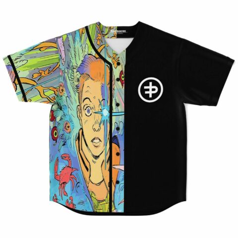 Split-design rave baseball jersey with comic-style face and crab print on left half, black