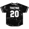 back view of black marble rave baseball jersey with custom name and number in white