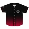 black to crimson ombre baseball jersey with white geometric circle logo front view