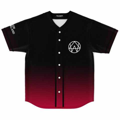 black to crimson ombre baseball jersey with white geometric circle logo front view