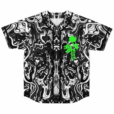 black and white liquid marble swirl rave baseball jersey with green creature logo flat front