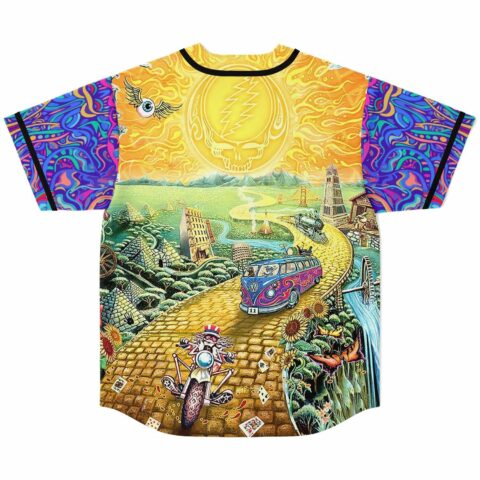 Psychedelic rave baseball jersey back view of yellow brick road with sun skull and van