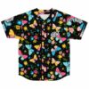 Colorful butterflies and floral print rave baseball jersey with GRiZ script, front view flat lay