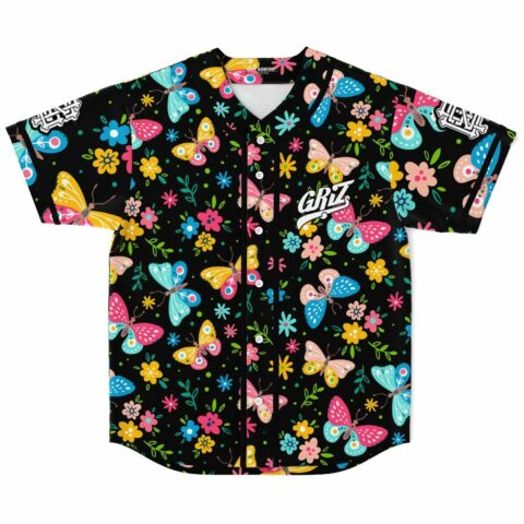 Colorful butterflies and floral print rave baseball jersey with GRiZ script, front view flat lay