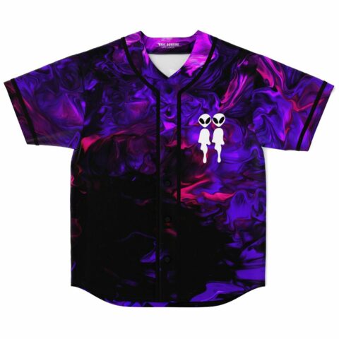 purple liquid marble rave baseball jersey with twin alien silhouette patch flat lay front view