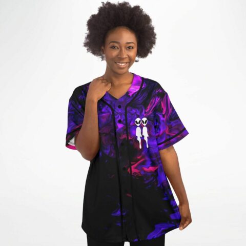 woman wearing purple liquid marble rave baseball jersey with alien silhouette patch front view