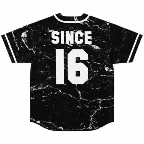 Black marble baseball jersey back view with Since 16 text above white piping