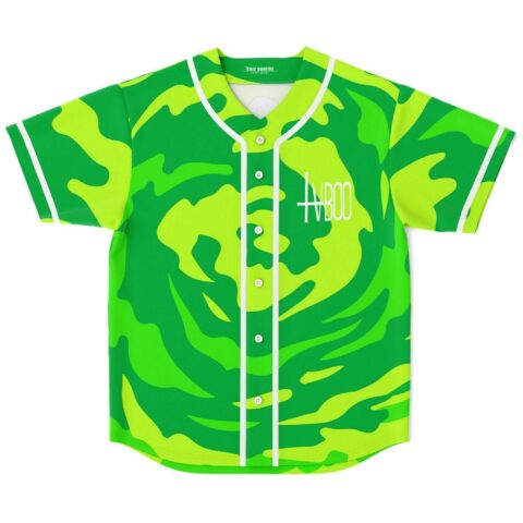 Green swirling camo rave baseball jersey front view with white piping and TVBOO logo